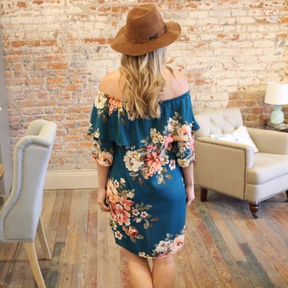 Teal Floral Ruffle Off Shoulder Dress - Picture 4 of 4
